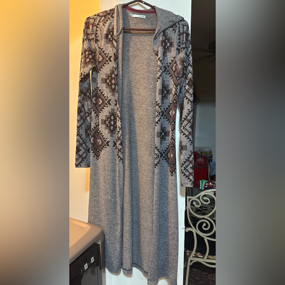 Maurices Gray and Black long hooded Geometric Long Sleeve cardigan